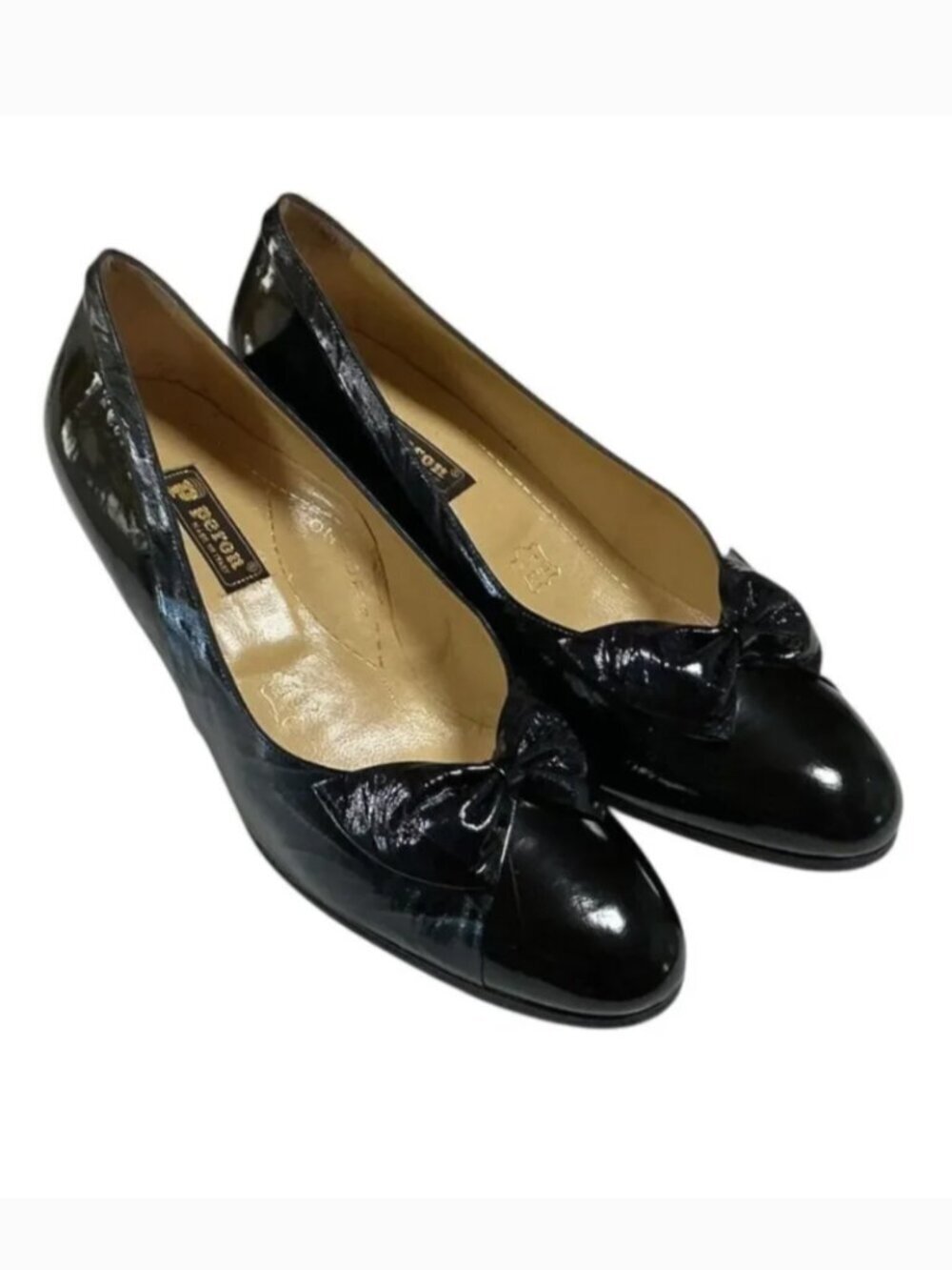 Peron Bow Pumps Shoes Women 9 40 Black Italian Patent Leather Heels VTG 90s